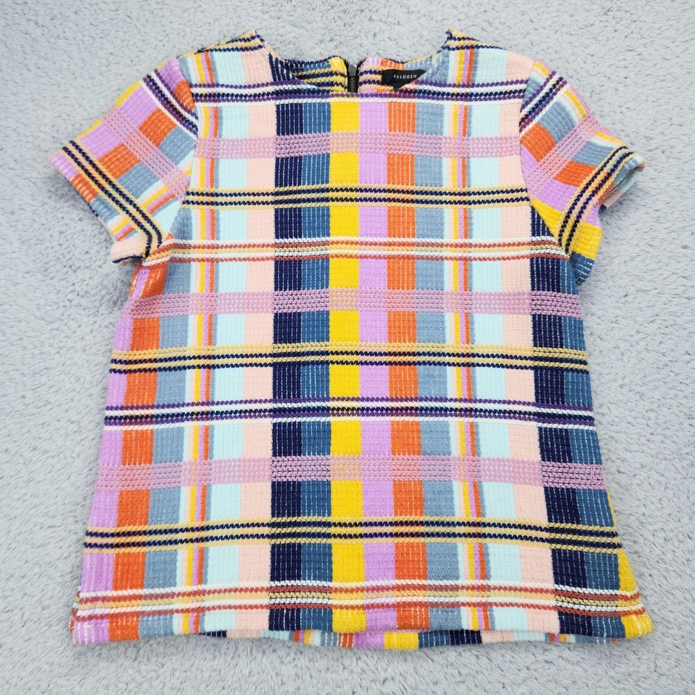 Halogen Blouse Womens XXS Petite Multicolor Plaid Woven Short Sleeve Top